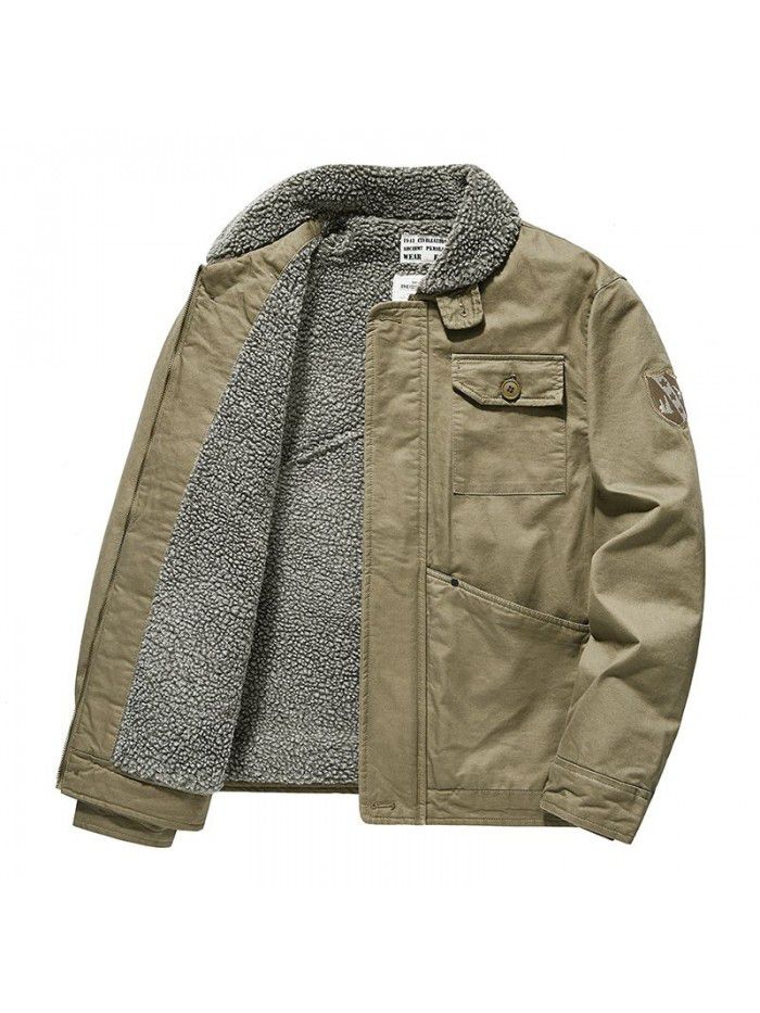 Winter lamb cashmere jacket, men's thickened cotton jacket, multi pocket deck suit, plush jacket