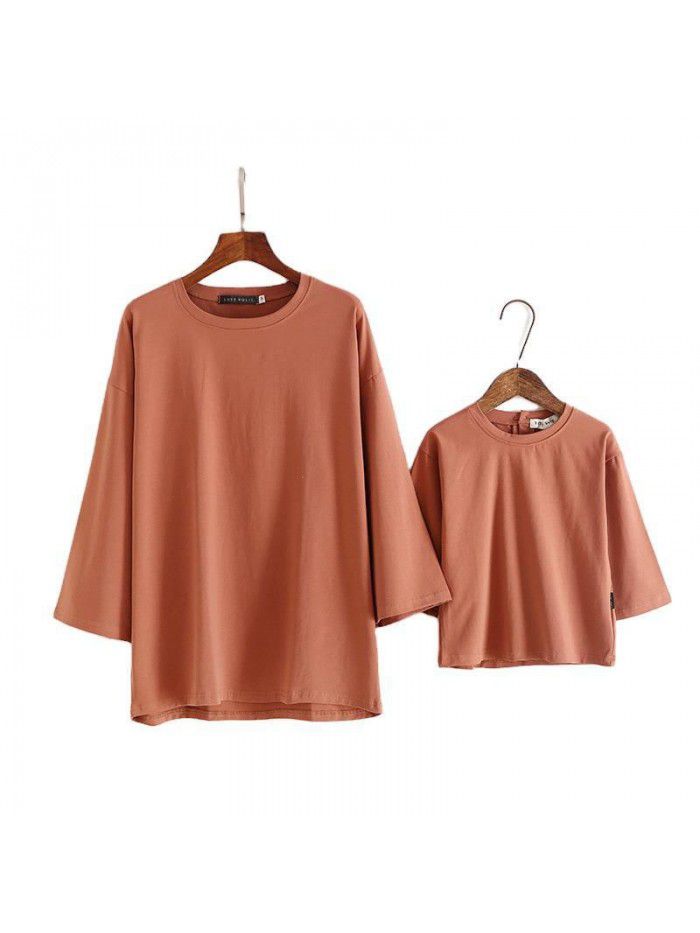 Spring and summer children's clothing, parent-child clothing, baby mid sleeved T-shirt, minimalist mother and child top, medium length style 
