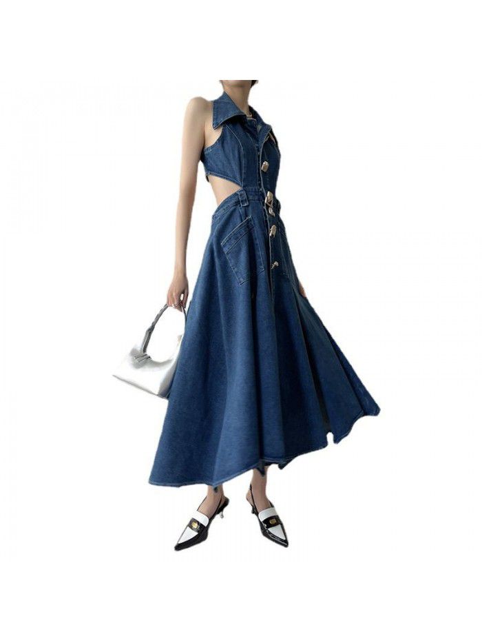 Denim Blue Hollow Open Waist Dress Women's Spring/Summer Slim Fit Side Waist High Split Style Dress  Denim Blue Hollow Open Waist Dress Women's Spring/Summer Slim Fit Side Waist High Split Style Dress