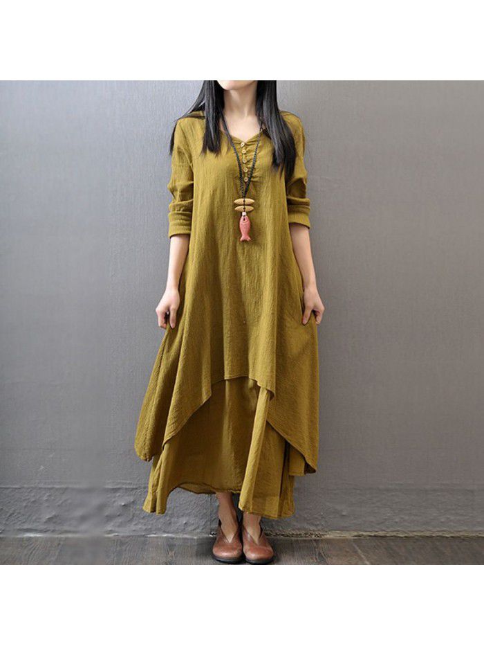 Spring and autumn holiday two-piece long skirt, artistic large linen dress, loose long-sleeved cotton and linen skirt 