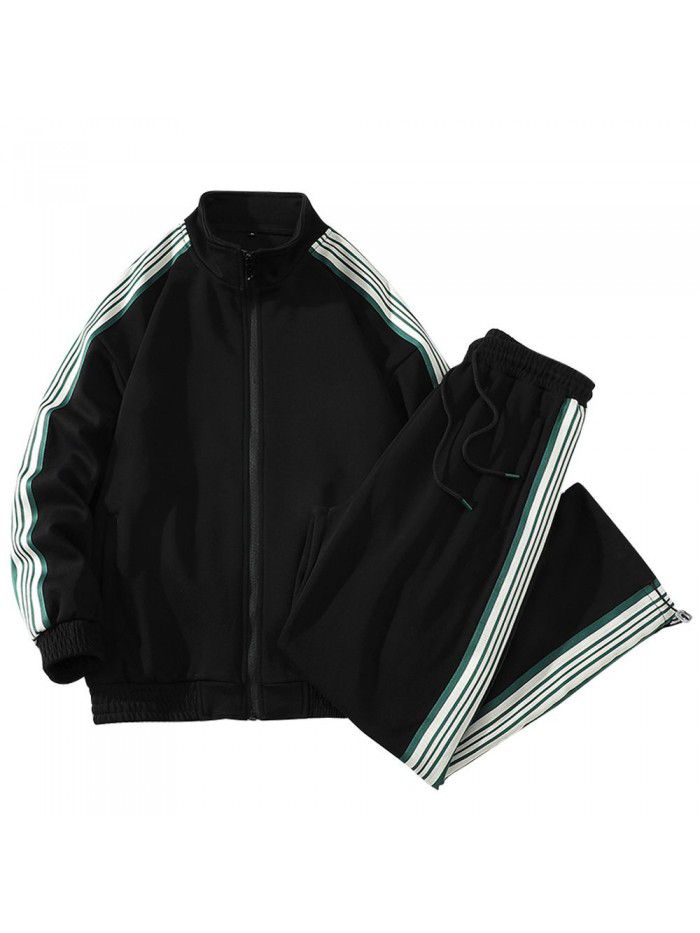 Sports Set Unisex Spring New Running Stand Neck Coat Loose Pants Casual Three Bar Two Piece Set 