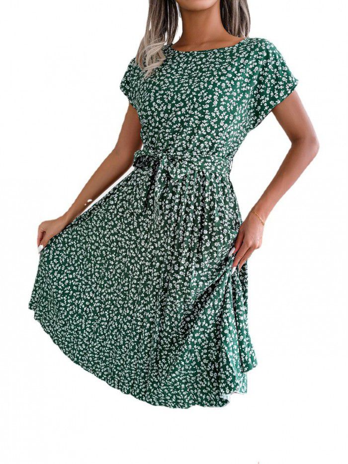 Spring and summer new casual short-sleeved floral pleated skirt 