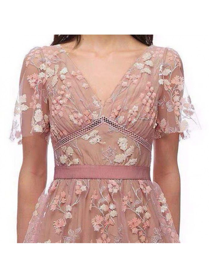 Pink Flower Sequins Beaded High Waist V-Neck Elegant Long Dress Holiday Party Heavy Work Embroidery Dress 