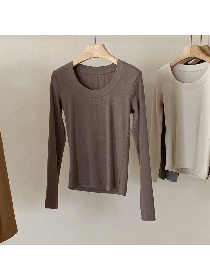 Practical and minimalist round neck long sleeved t-shirt for women's basic versatile slim fitting top 