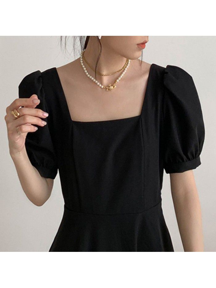 Black Dress Women's Summer New French Vintage Style Square Neck Waist Long Small Black Dress 
