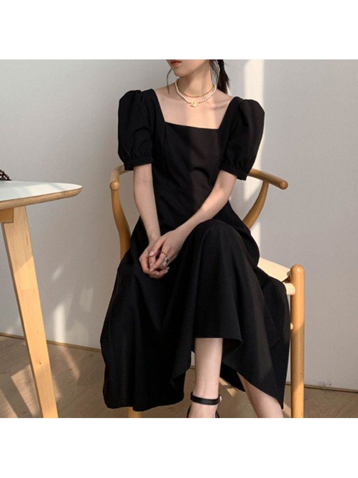 Black Dress Women's Summer New French Vintage Style Square Neck Waist Long Small Black Dress 