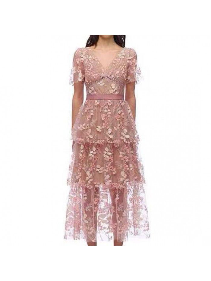 Pink Flower Sequins Beaded High Waist V-Neck Elegant Long Dress Holiday Party Heavy Work Embroidery Dress 
