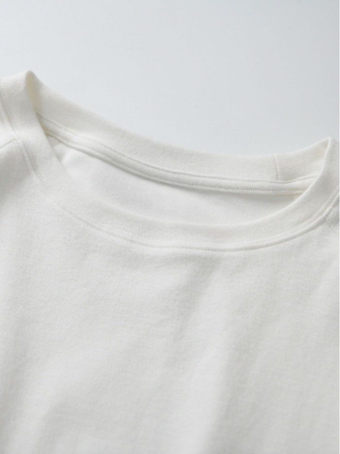 Japanese simple literary style pure white round-neck pullover T-shirt for women's versatile bottom brushed comfortable raglan sleeve top 