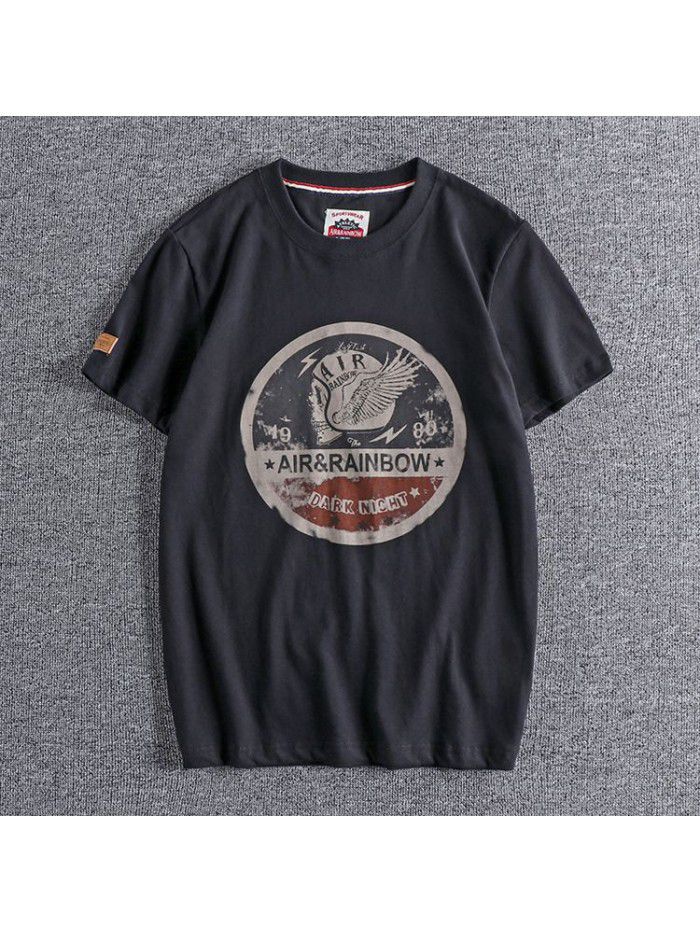 New Washed Brushed Skeleton Head Printing Foreign Trade Retro Round Neck Short Sleeve T-shirt Men's Half Sleeve T 