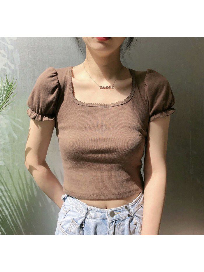 Small crowd design auricle edge bubble sleeve square collar exposed collarbone short sleeve T-shirt female 