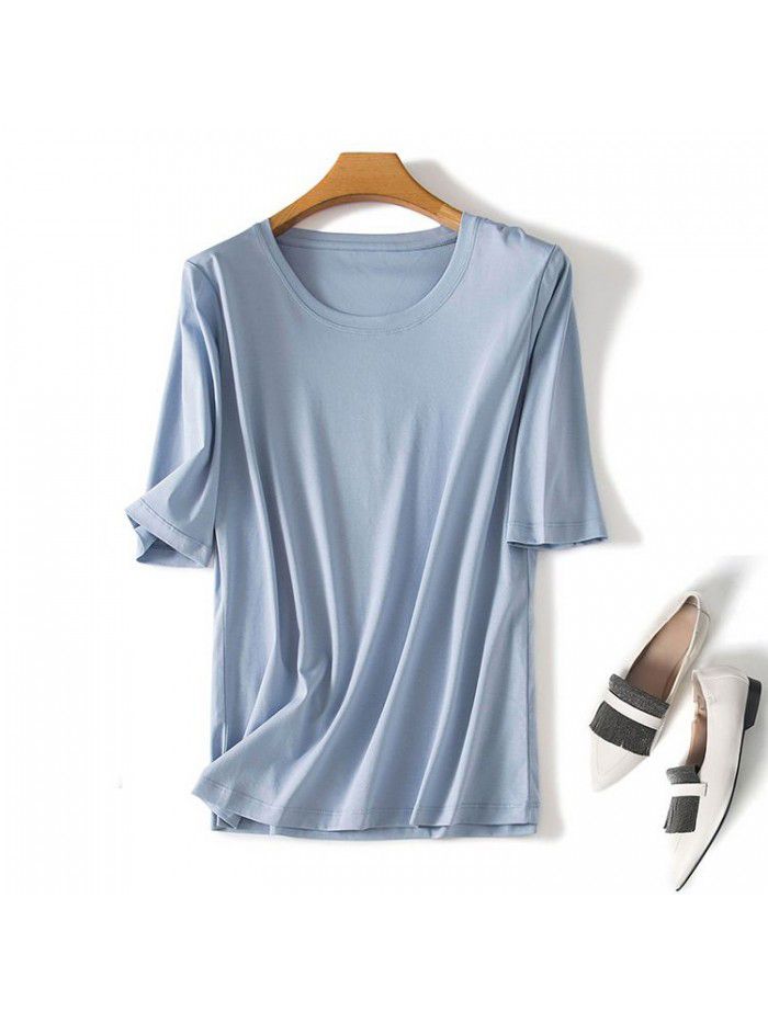 New autumn mercerized cotton medium sleeve round neck t-shirt for women's pure cotton white quarter sleeve thin bottom T-shirt 