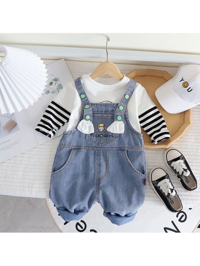 Girls' Autumn New Baby Girl Strap Trouser Set Cute Cartoon Two Piece Set 