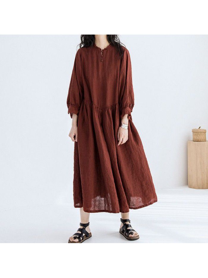 Spring New Women's Yarn-dyed Linen Show White Age Reducing Sleeve Doll Dress 