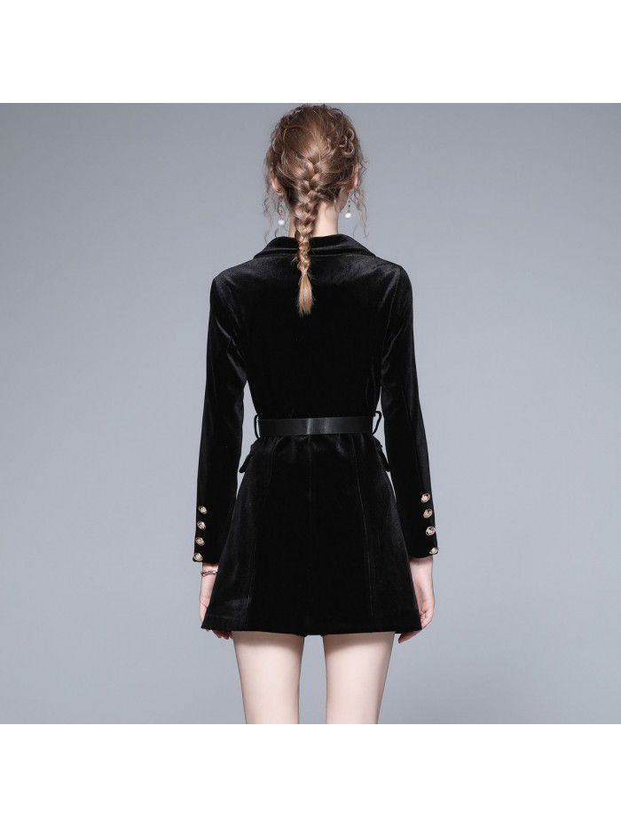 Autumn and Winter New Fashion Women's Long sleeved Suit Collar Double breasted Velvet Long Coat Windbreaker
