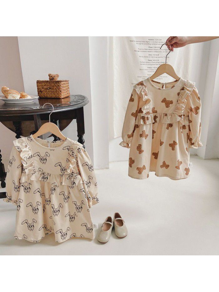Children's Bear Printed Long sleeved Girls' Dress Autumn Sweet Ruffled Round Neck Children's Dress Trend 