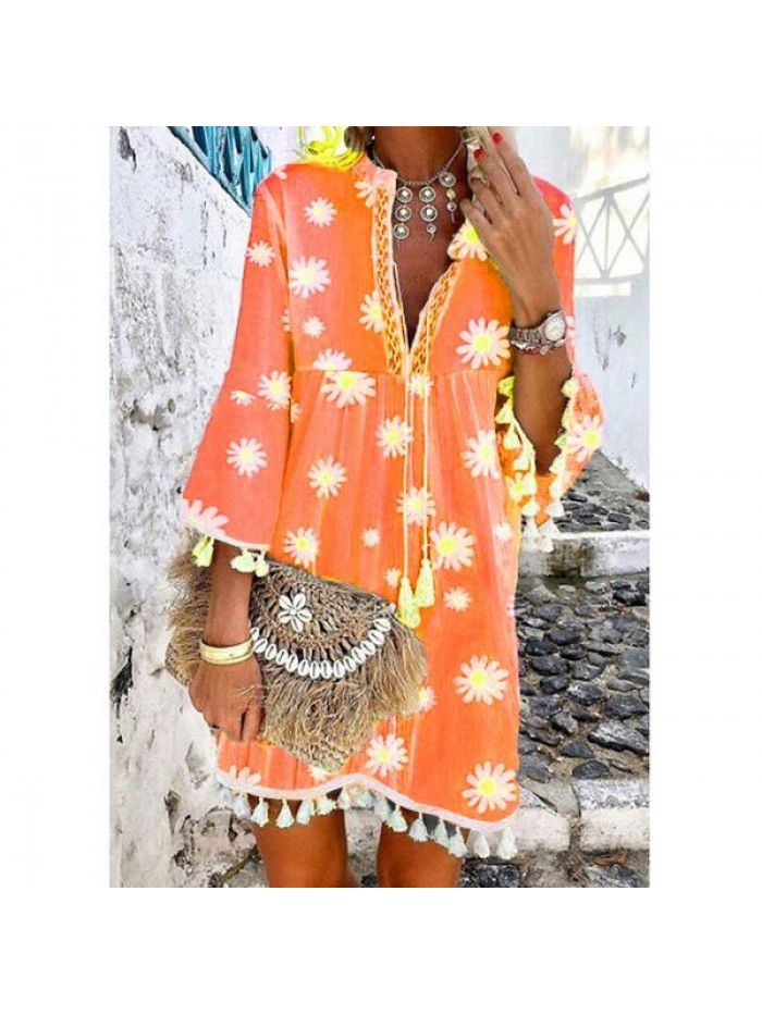 Summer New Hot Selling Print Daisy 3/4 Sleeve Tassel V-Neck Print Dress 