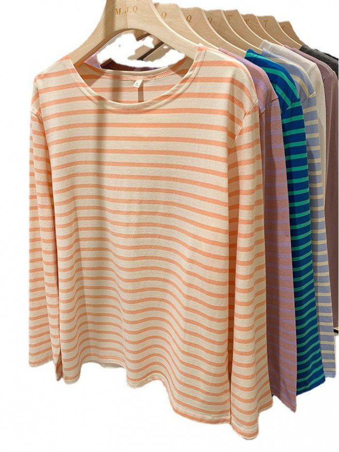 Cotton loose striped bottom shirt for women with spring and autumn Korean design sense long-sleeved T-shirt round neck versatile top 