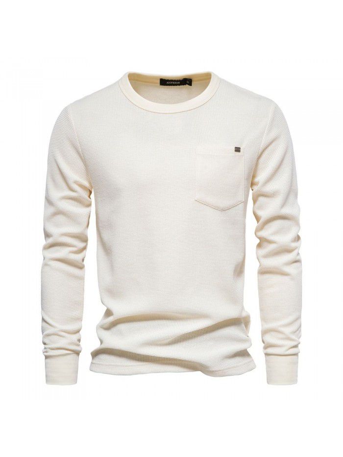 Spring and Autumn Men's Round Neck Pocket Waffle Long Sleeve Top Men's T-shirt 