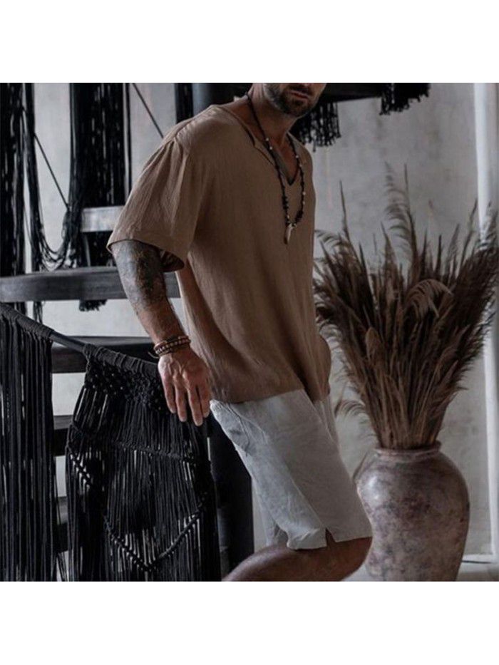 Summer Southeast Asia Street Fashion Men's V-Neck Shirt European and American Casual Loose Solid Neck Medium Sleeve T-shirt 