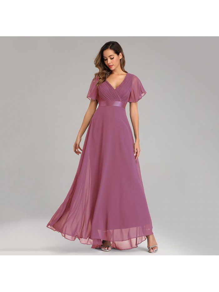 Spring/Summer Handmade Folded Big Swing Double V-neck Flare Sleeve Dress Elastic Chiffon Banquet Bridesmaid Large Evening Dress 