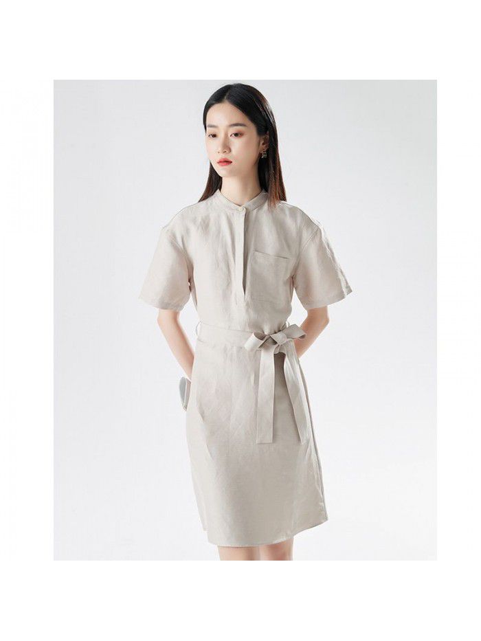 Spring New Women's Short Sleeve Design Feeling Waistband Round Neck Mid length Dress 