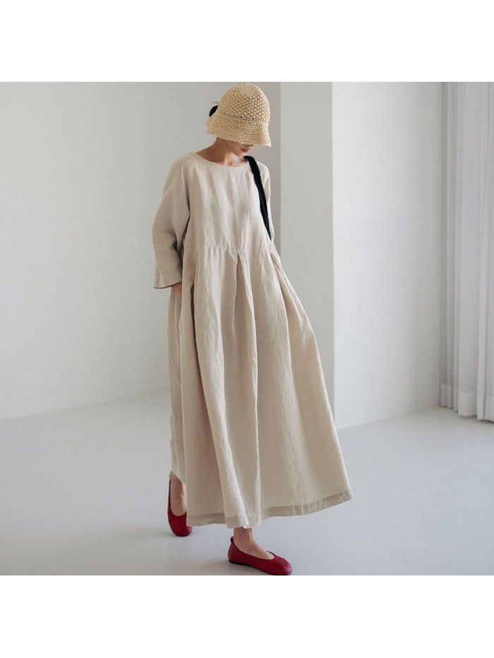 Loose Size Dress Women's Cotton Leprosy Round Neck Pullover Solid Color Over Knee Long Dress Large Swing Skirt