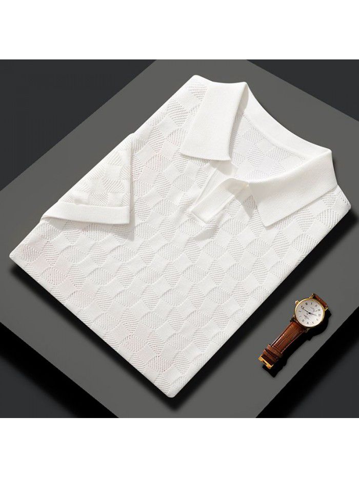 Summer thin mulberry silk thread hollow white Polo shirt Men's ice silk short sleeved business casual polo shirt 