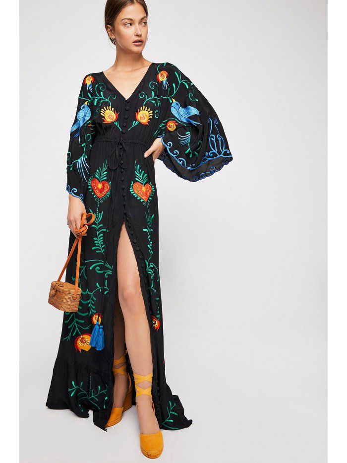 Autumn New Flower Embroidery V-neck Large Flare Sleeve Dress Long Dress 