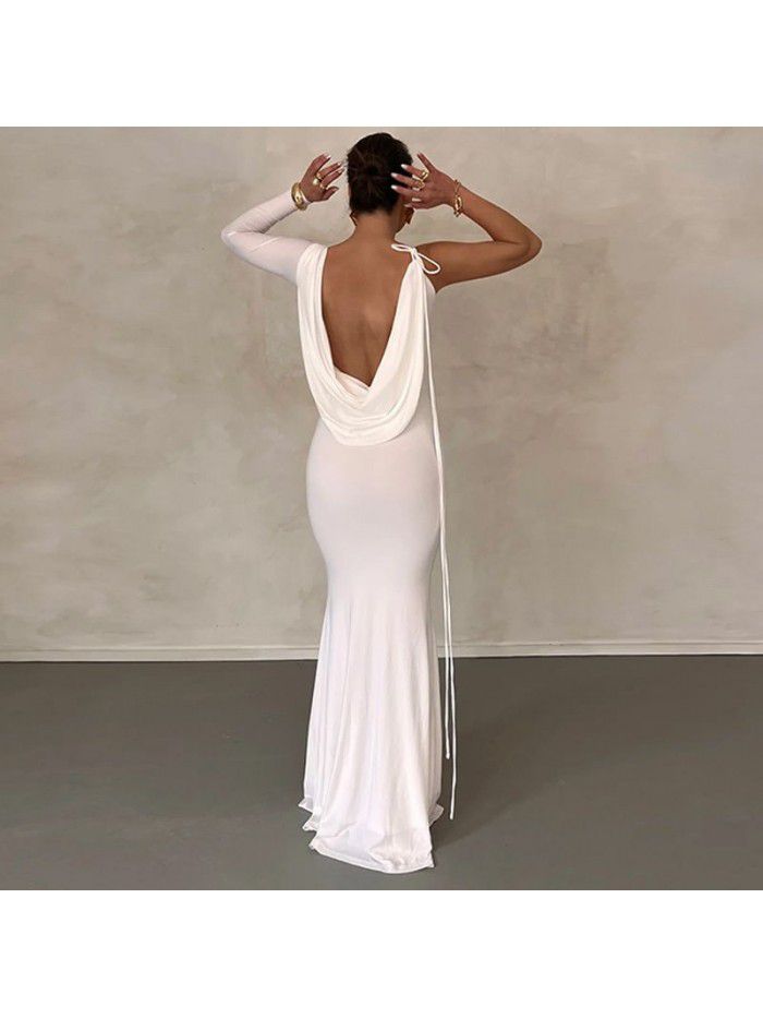 Excellent temperament, one shoulder, slim fit, fishtail skirt, open back, sexy dress, irregular long skirt 