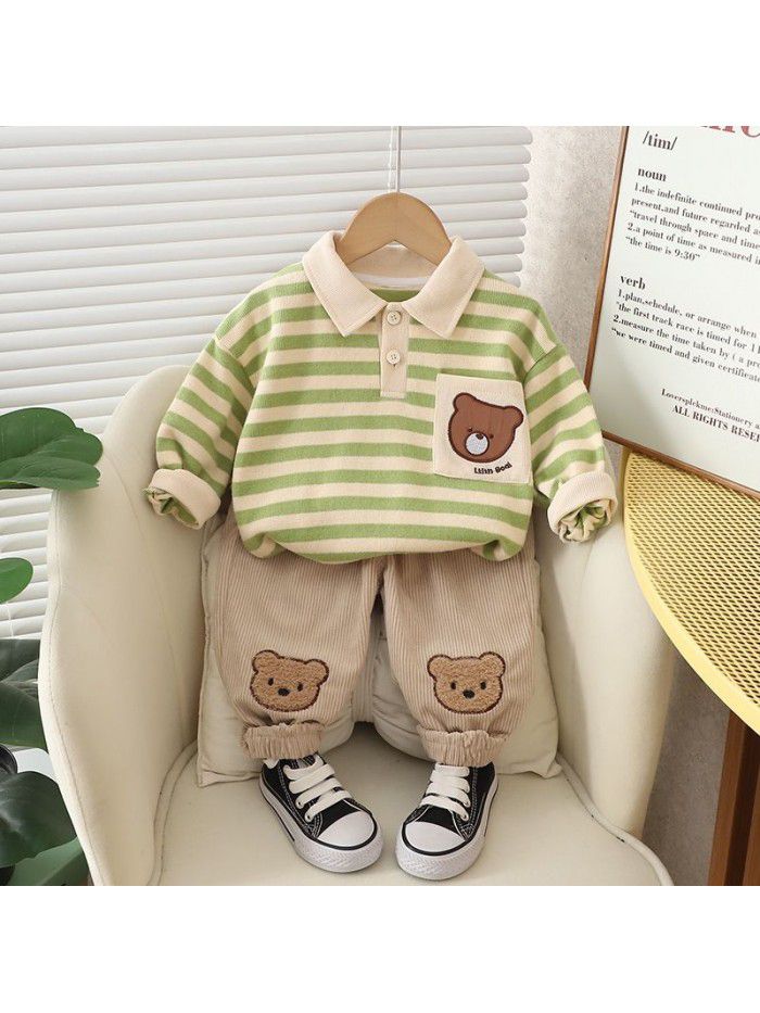 Children's Autumn Style Boys' Cute Striped Little Bear Polo Shirt Long Sleeve Sweater Pants Two Piece Set 