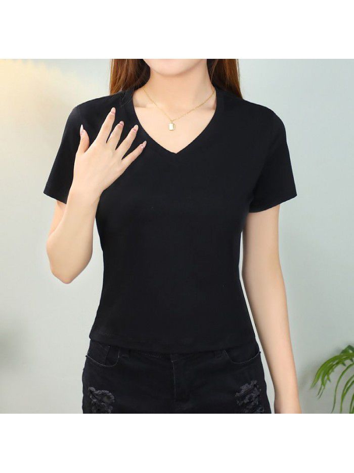 T-shirt Women's Short Cotton High Waist Summer Loose Simple Round Neck Korean Versatile Solid Color T-shirt 