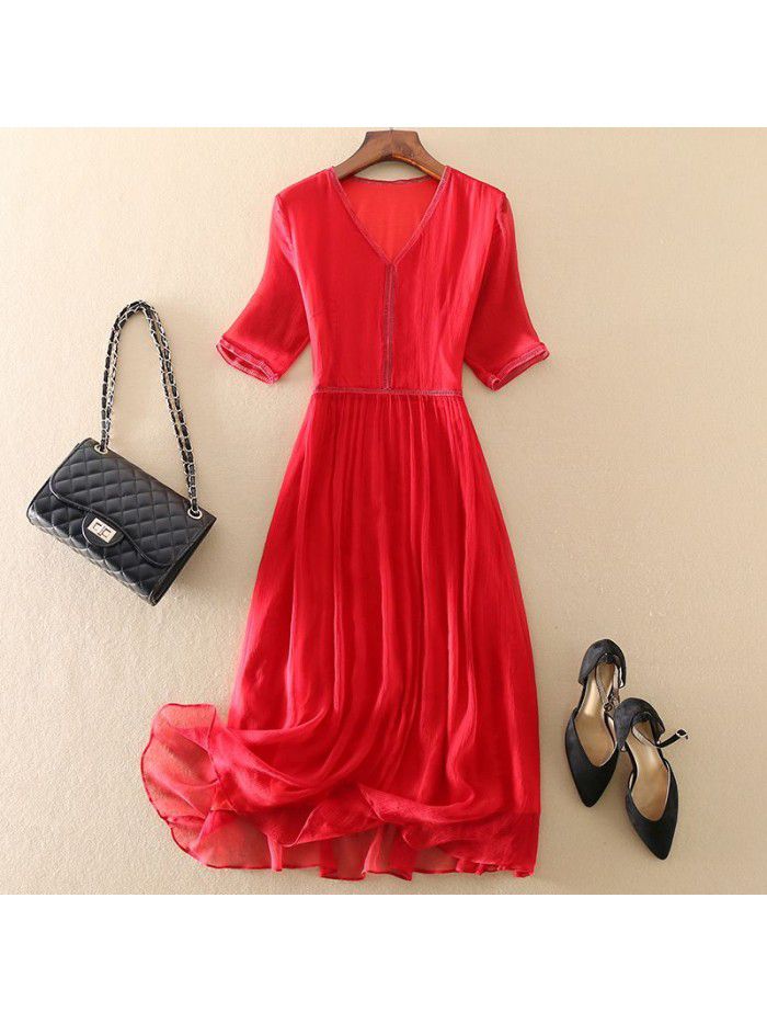 Silk Dress Women's Summer New 3/4 Sleeves Slim and Long A-line 