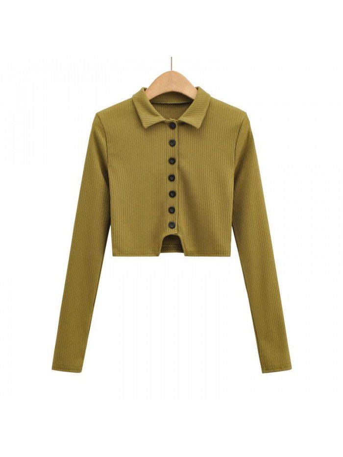 Polo polo collar long-sleeved blouse women's new style pure hot girl slim fit single breasted high waist exposed navel short t-shirt 