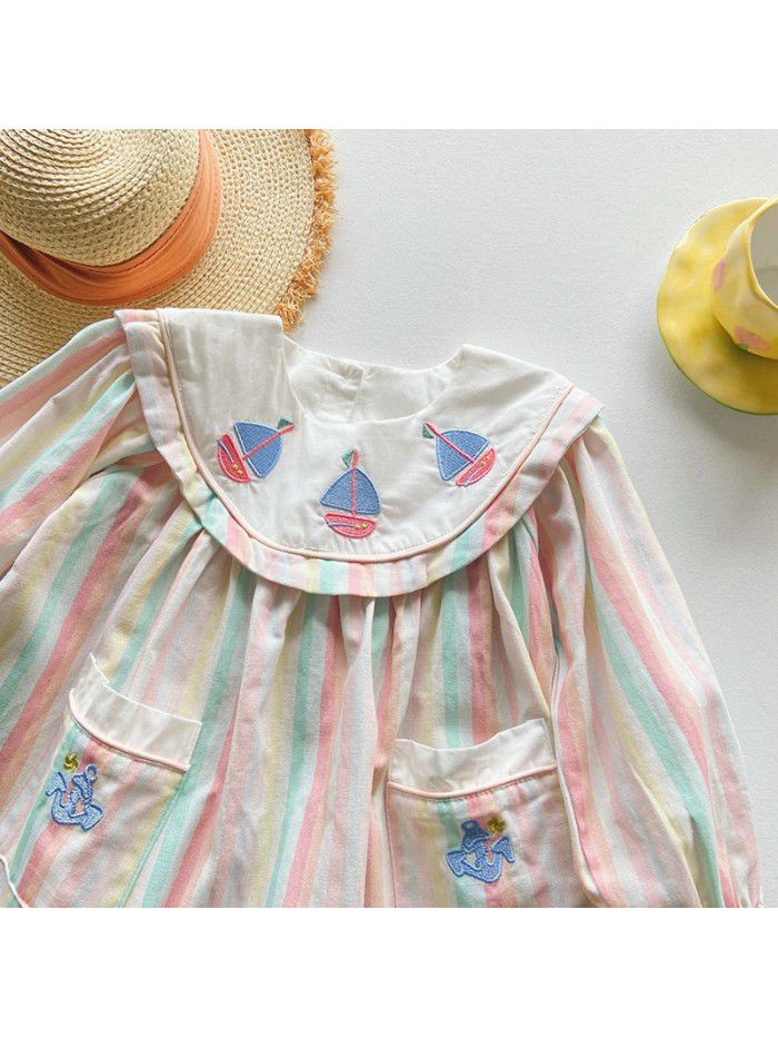 Embroidered Korean version girl's dress autumn navy style long sleeved westernized children's dress 