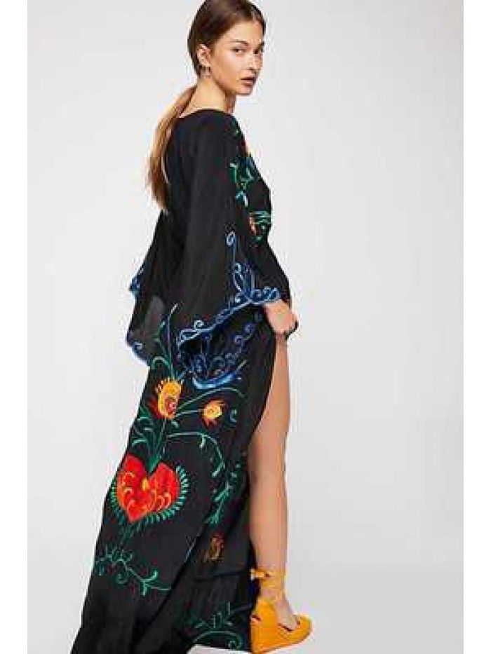 Autumn New Flower Embroidery V-neck Large Flare Sleeve Dress Long Dress 