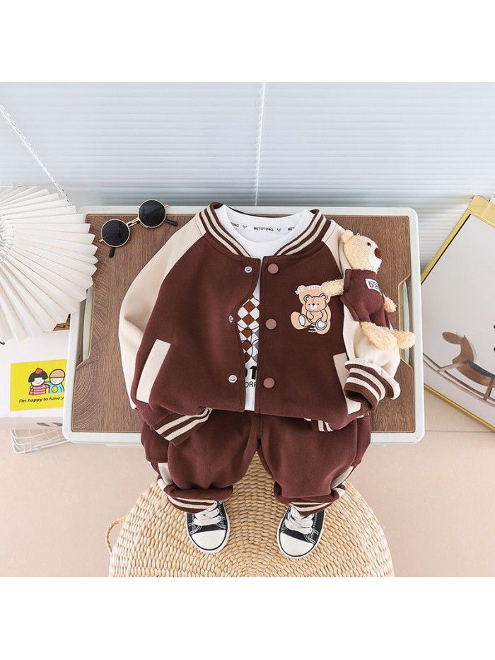 Autumn New Little Bear Baseball Suit Three Piece Cartoon Set 1-5 Year Old Boys' Long Sleeve Sports Set 