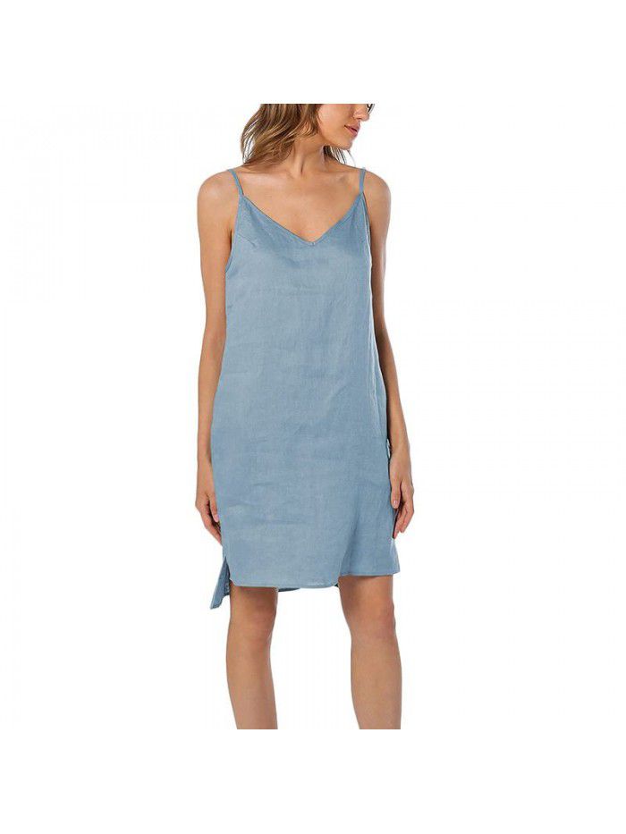 Pure linen suspender skirt for women's casual home vest dress can be worn externally 