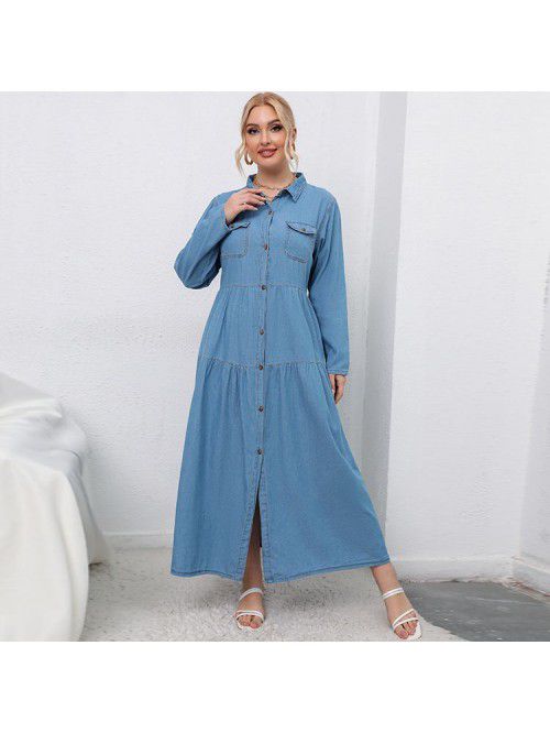 High waisted blue denim long dress cardigan temper...