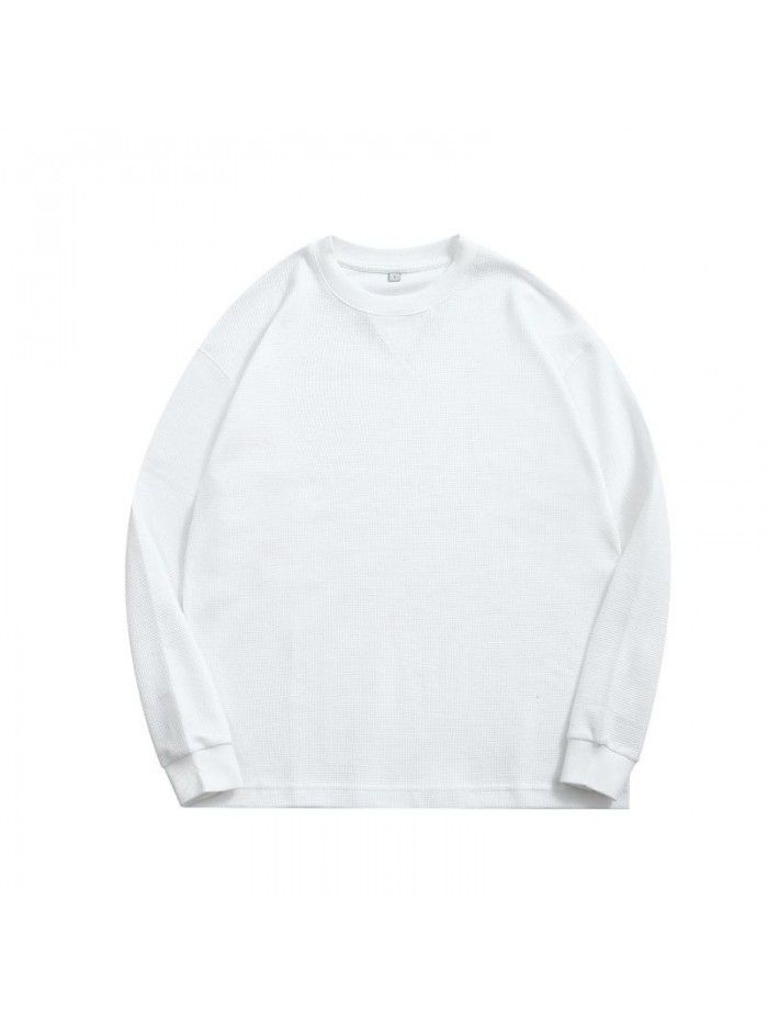 Waffle Long Sleeve T-shirt Men's Heavyweight Round Neck Loose Base Solid T-shirt 