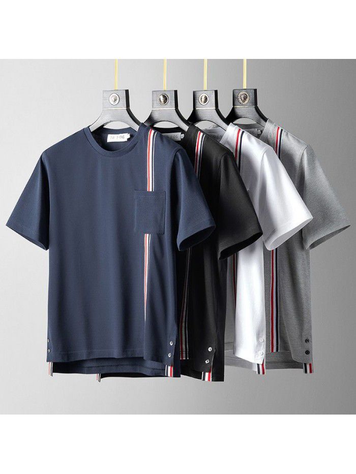 Pocket Red, White, Blue Ribbon Stripe Pure Cotton Summer Short Sleeve T-shirt Casual Fashion Male Couple 