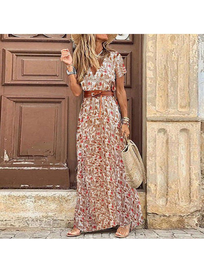 Bohemian style waistband printed long dress dress  Bohemian style waistband printed long dress dress