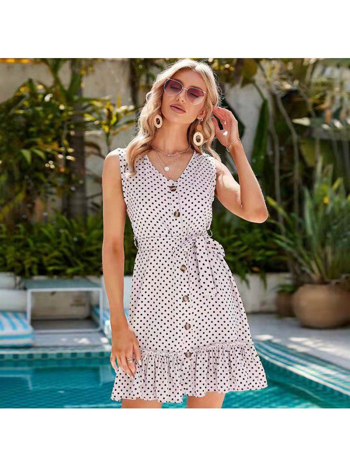 Summer Lace up V-neck Mid length Dress Temperament Commuter New Wave Dot Dress 