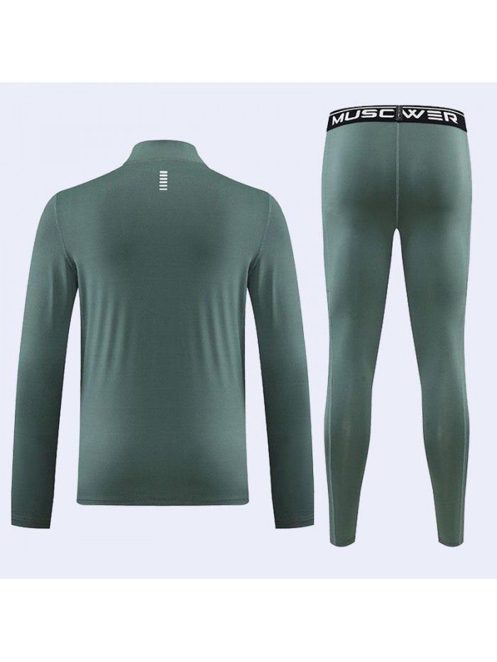 High neck long sleeved tight fitting suit for men's autumn quick drying sports fitness suit, spandex high elasticity running suit, basketball training suit 
