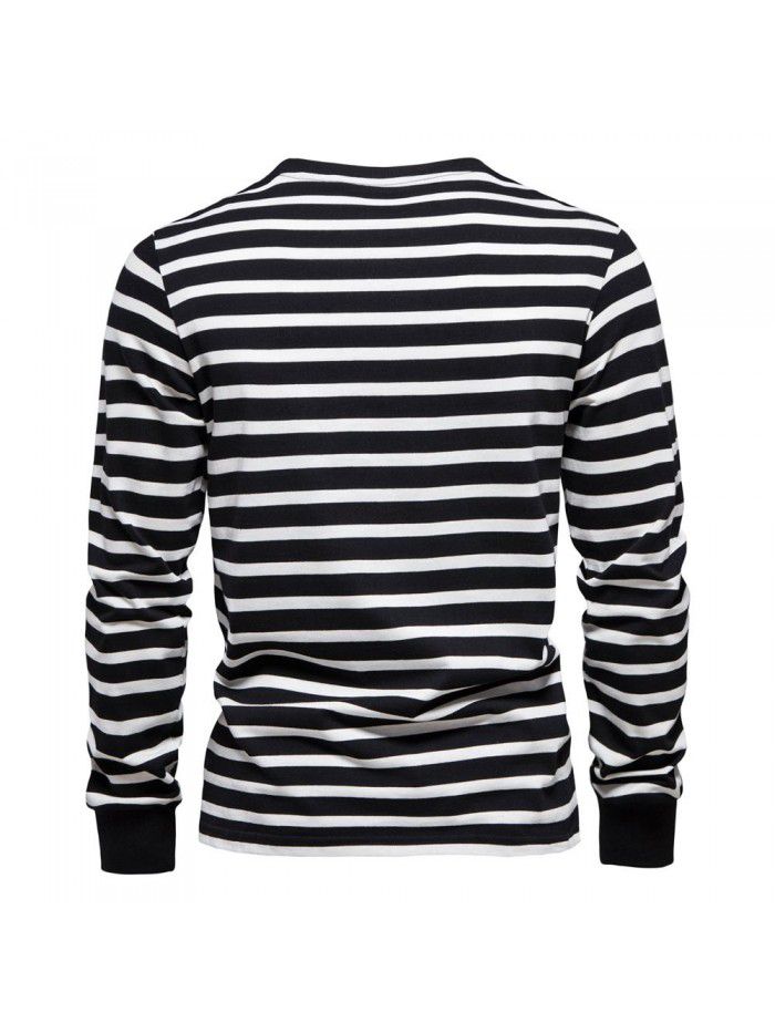 Spring New Casual Long Sleeve T-shirt Men's 100% Cotton Striped Top Round Neck Men's Pure Cotton Underlay Shirt 