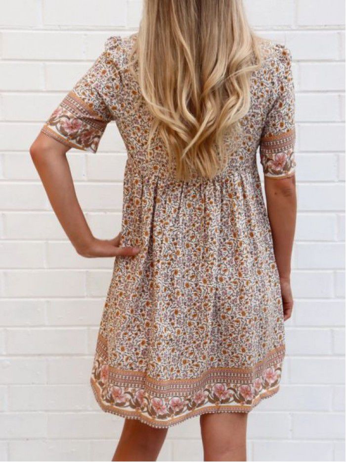 New Women's Lace Decoration Hollow Short Sleeve Fashion V-Neck Positioning Print Mid length Dress Dress 