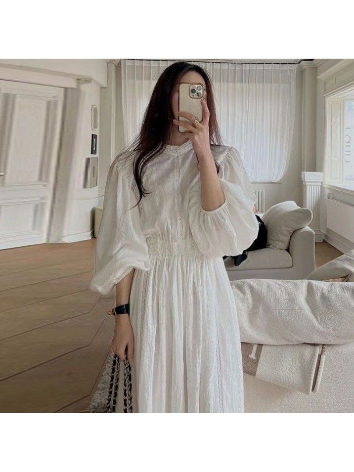 Spring French Brand Lace Standing Neck Spliced Hollow Lace Hooked Waist Dress for Women 