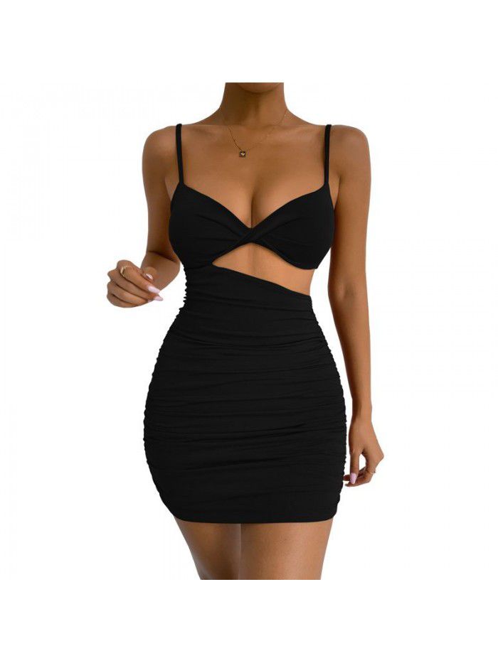 Women's Open Waist Suspended Dress Sexy Slim Fit Pleated Wrapped Hip Dress 