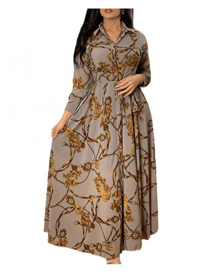 New retro floral print single breasted belt long dress 
