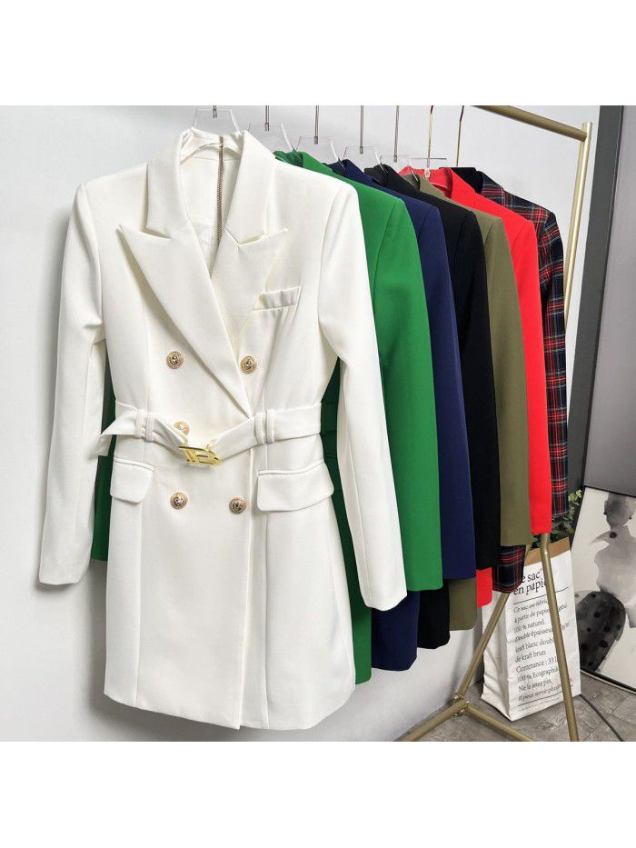 Spring and Autumn New Fashion High grade Solid Color Belt Long Sleeve Slim Fit Temperament Commuter Suit Dress Women 