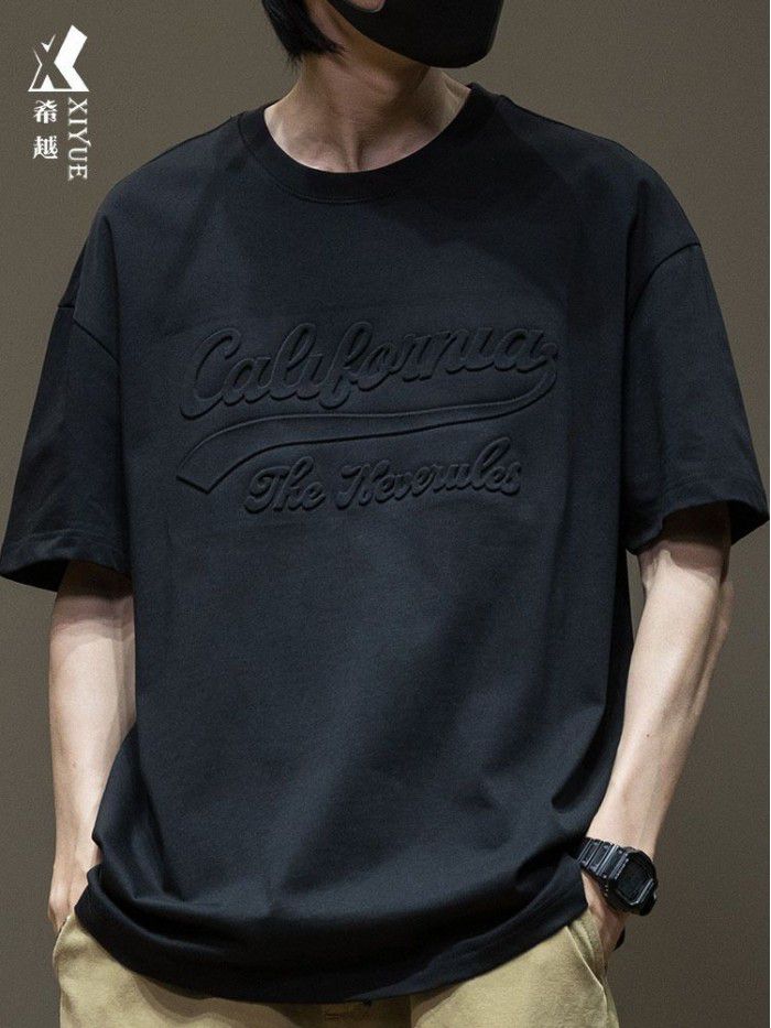 Black Short Sleeve T-shirt Men's Cotton Loose Large Men's Wear Men's Steel Print Boys' Top 